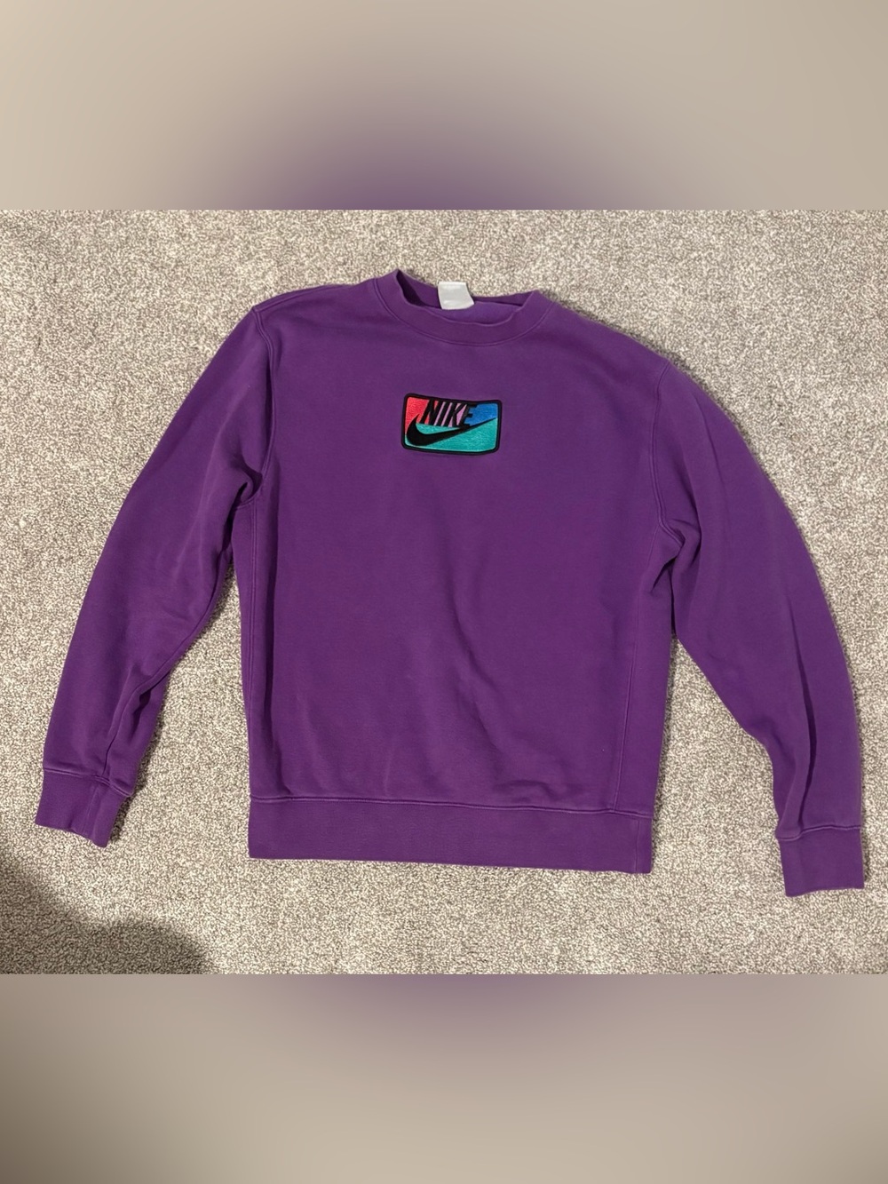 Nike Men’s Club Fleece Purple Crewneck Sweatshirt with Multicolor Patch Logo